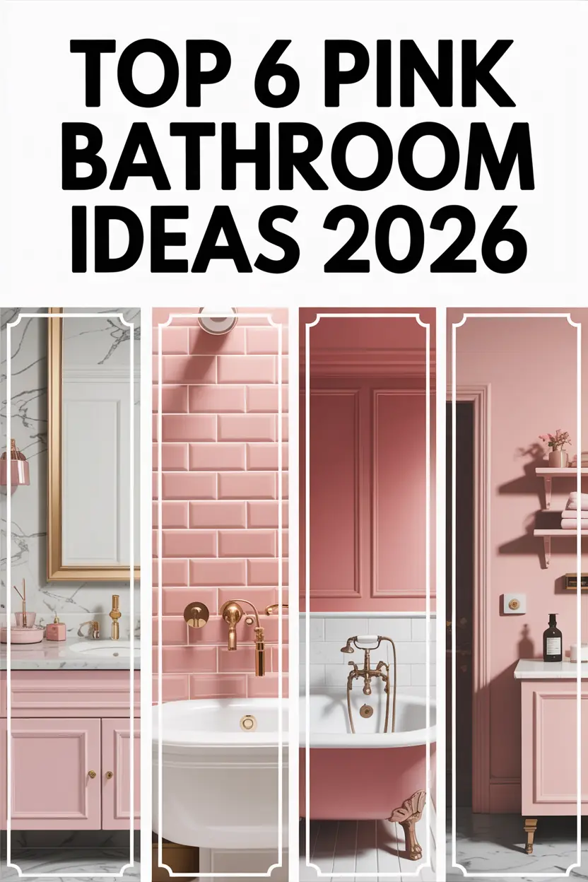 Generate a Pinterest-optimized, high-quality vertical Pin for 'Top 6 Pink Bathroom Ideas 2026'. Create a collage of 4 close-up detail shots arranged neatly.. Keep aspect ratio 2:3, high-resolution, Pinterest-friendly, scroll-stopping.